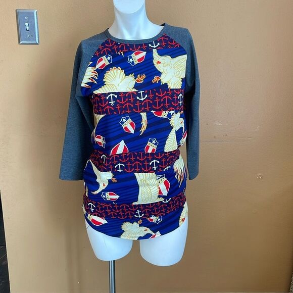 LuLaRoe Unisex S Red/Blue/Gray ‘Eagle and Crest’ Patriotic Randy Raglan Size XS - Picture 2 of 11